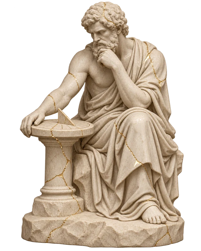 Ivory marble astronomer with a sundial, with fine gold veins