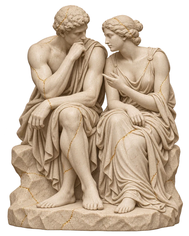Two ivory marble figures in conversation, with fine gold veins