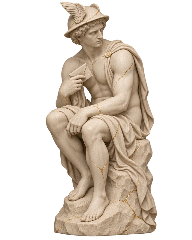 Ivory marble messenger holding a letter, with fine gold veins