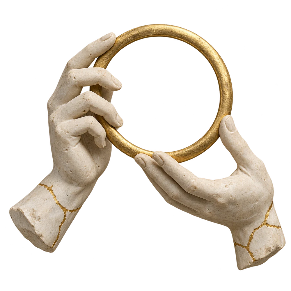 Two ivory marble hands joined by a flowing gold connection