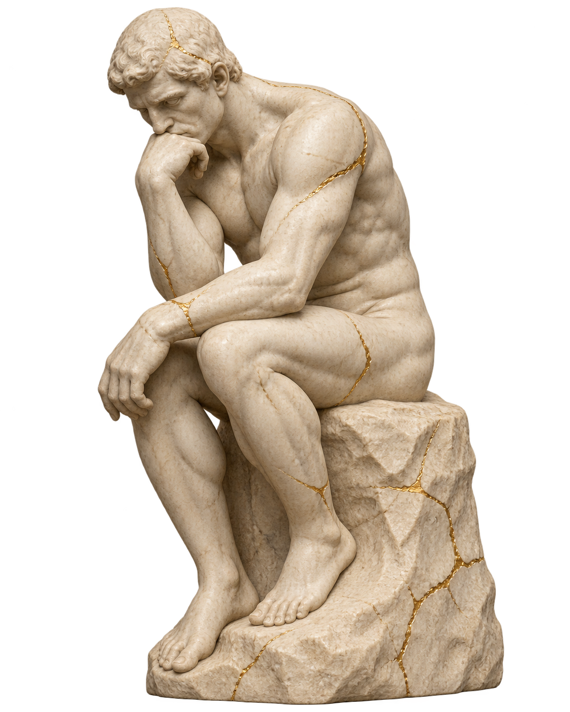 The Thinker reimagined as a classical ivory marble sculpture with antique-gold veins